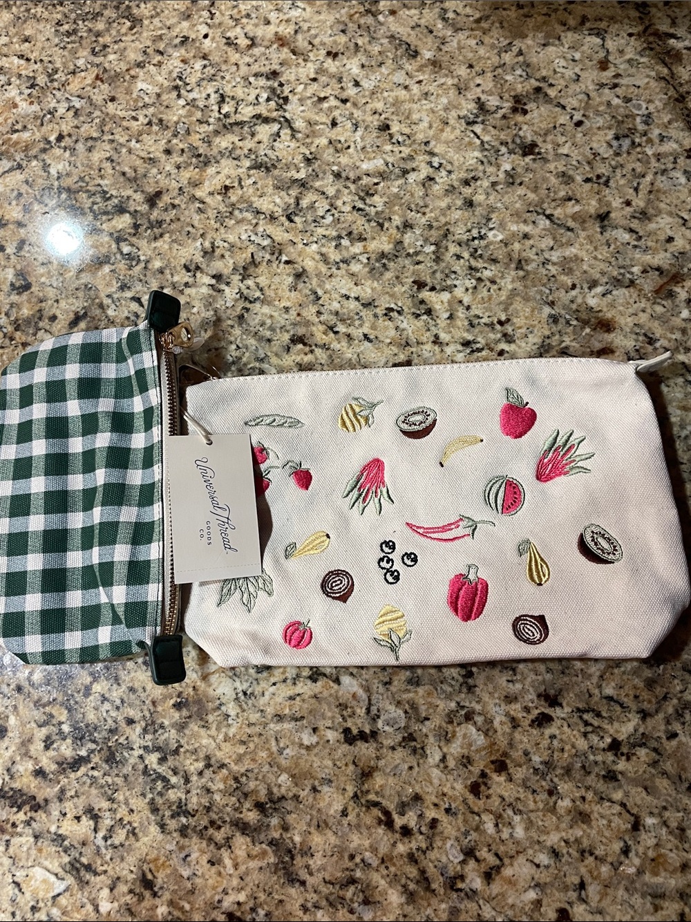 Universal Thread Cream Canvas Fruit Embroidered Pouch with Green Gingham Pouch